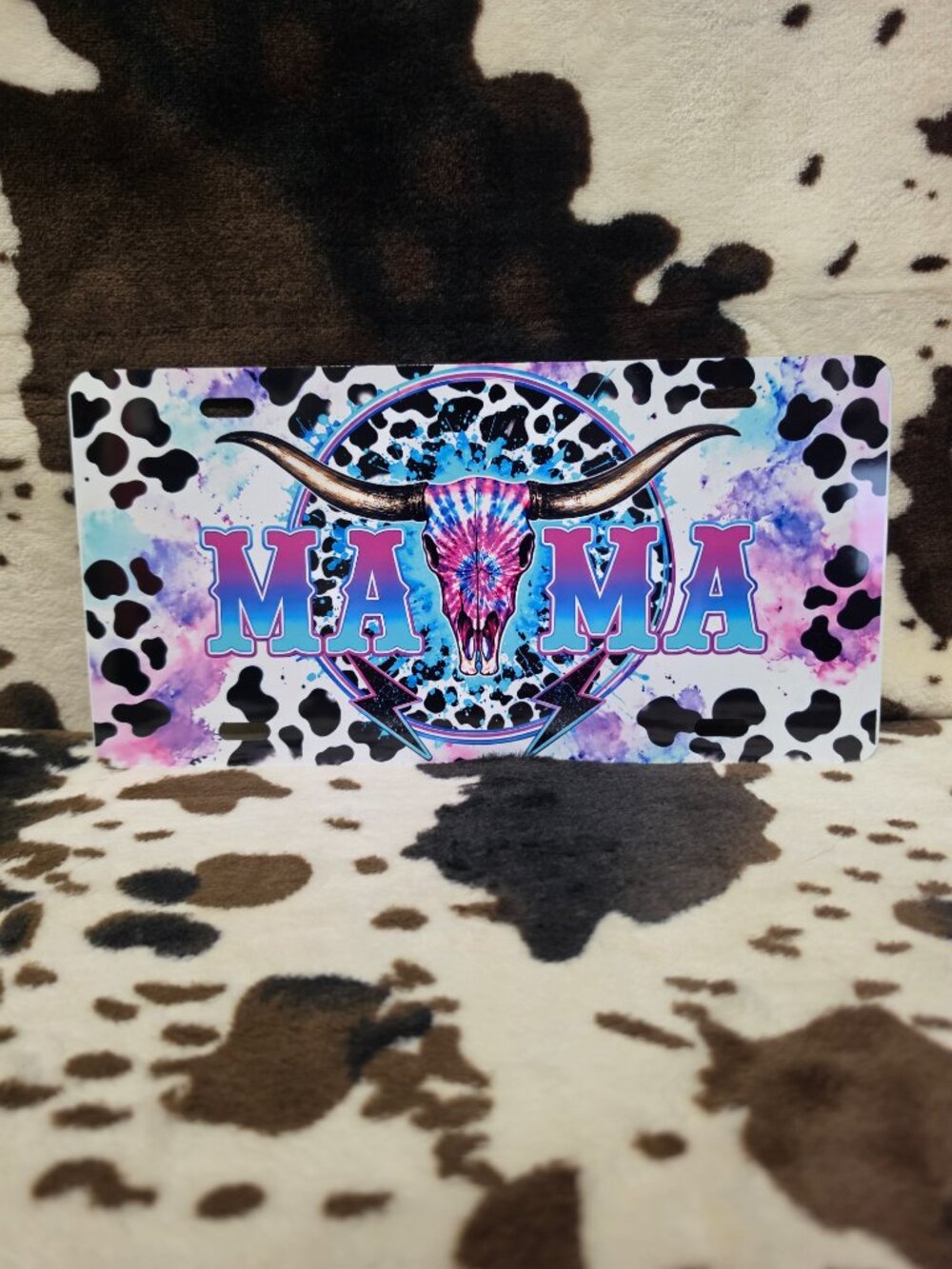Mama Bull Skull Cow Print Western Custom Car Tag Handmade Vehicle License Plate